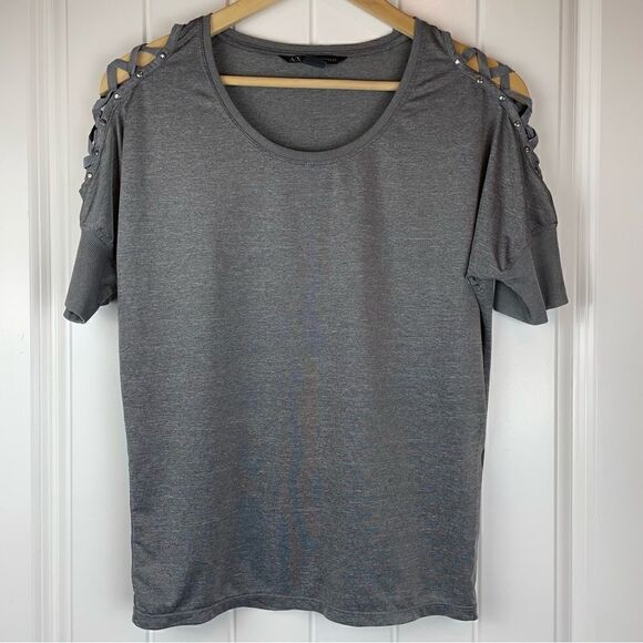 Armani Exchange grey short sleeved cold shoulder lace up sleeves blouse (0388) - Picture 1 of 7